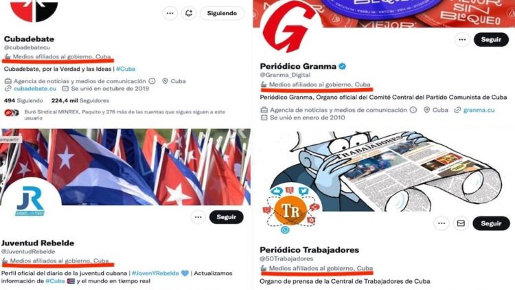 Cuentas de medios oficiales cubanos etiquetadas por Twiiter como 'Medios afiliados al Gobierno'. Foto: Cubaperiodistas.