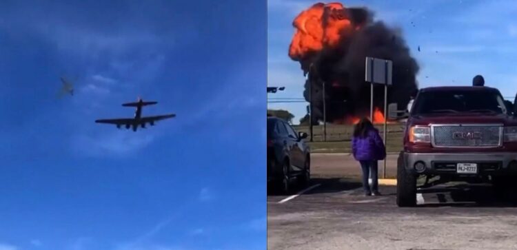 Dos imágenes consecutivas donde dos aviones de la segunda Guerra Mundial chocan en show aéreo. Foto: AFP.