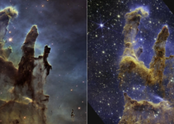 Una comparación de instantáneas tomadas por los telescopios espaciales Hubble (izquierda) y James Webb (derecha) de los Pilares de la Creación, a 6.500 años luz de la Tierra. Foto: NASA.