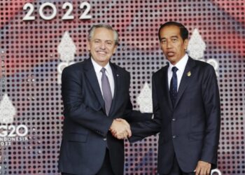 El presidente argentino Alberto Fernandez (I) recibido por su homólogo indonesio Joko Widodo, padeció de una gastritis en la cumbre del G20, el 15 de noviembre de 2022 en Nusa Dua, en la isla indonesia de Bali. Foto: AFP.