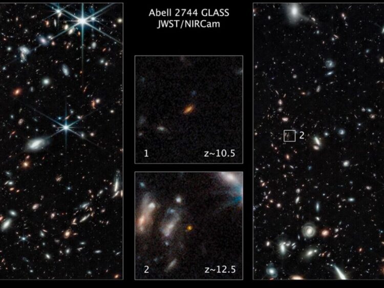 Dos de las galaxias más lejanas vistas hasta la fecha en una imagen del telescopio espacial James Webb de la NASA. Foto: NASA.