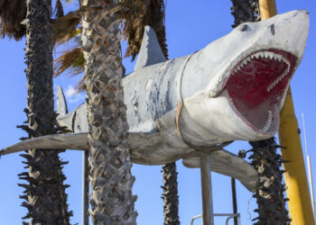 Una de las maquetas empleadas en el rodaje de la película 'Tiburón', fotografiada el 23 de noviembre de 2020 en Los Ángeles. Foto: AFP.