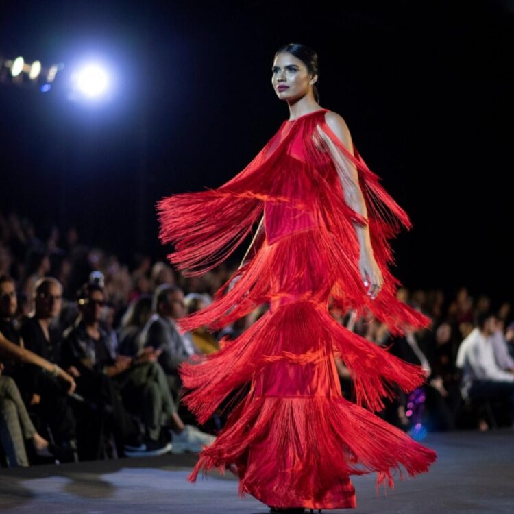 Una modelo desfila una creación del diseñador venezolano Giovanni Scutaro en el marco de la semana de la moda Hesperia WTC Valencia en Valencia, estado Carabobo, Venezuela el 3 de diciembre de 2022. Foto: AFP.