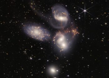Las galaxias que conforman el Quinteto de Stephan, en una imagen capturada por el Telescopio James Webb el 12 de julio de 2022. Foto: NASA.