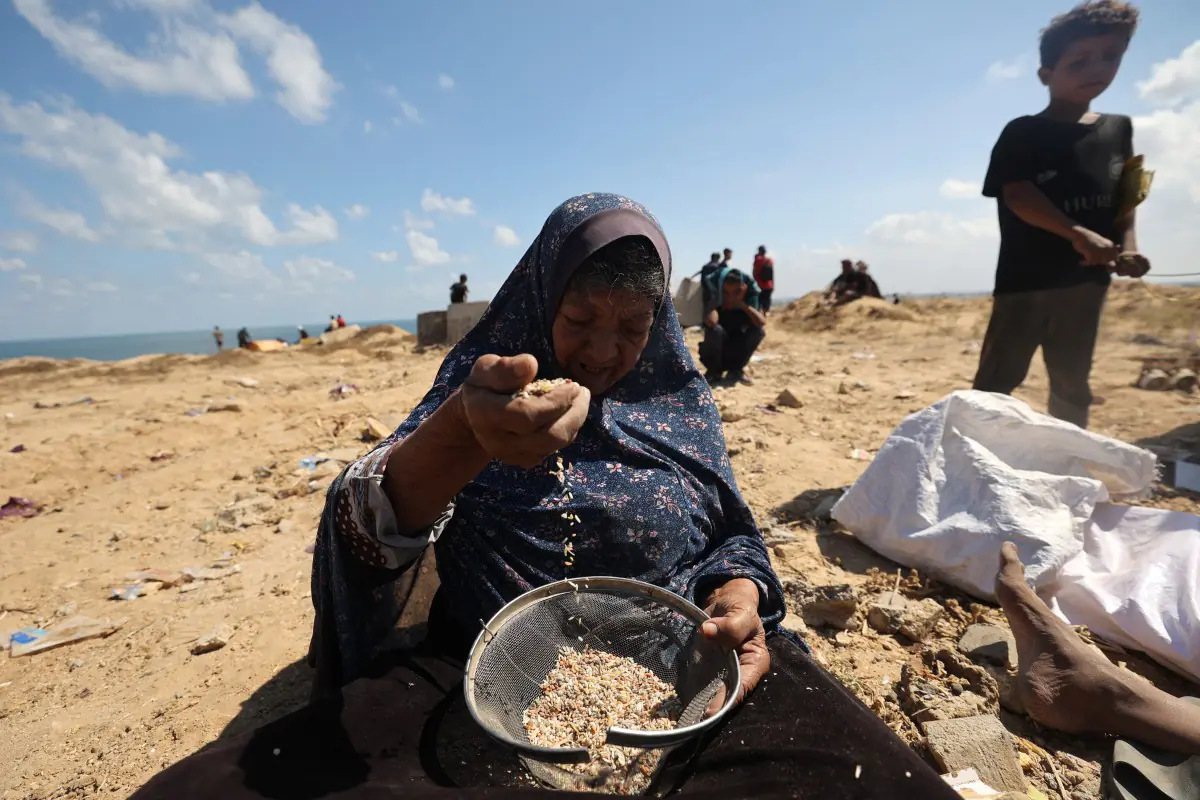 Los gazatíes buscan arroz y frijoles entre la arena para comer/AFP