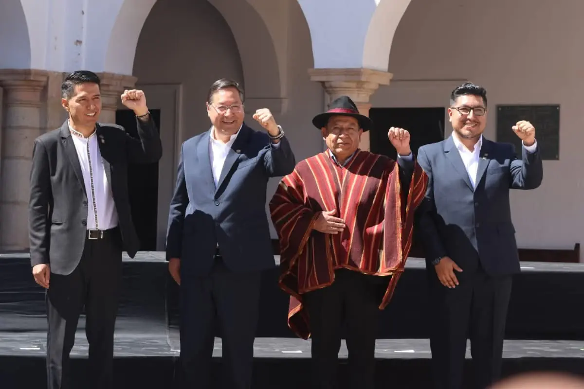 Andrónico Rodríguez, Luis Arce, David Choquehuanca y Omar Yujra, el 6 de agosto en Sucre. Foto: RRSS