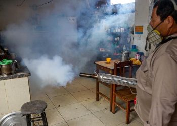 Personal de la Gobernación de Santa Cruz fumiga viviendas para frenar al dengue.