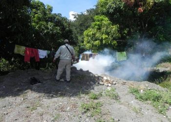 Funcionarios fumigan una de las viviendas de las regiones afectadas con el dengue. Foto: Sedes La Paz