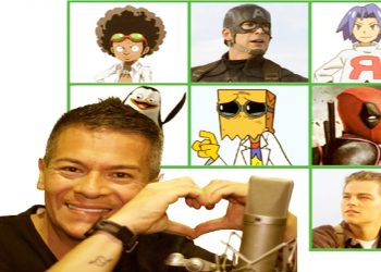 Pepe Toño Macías y algunos de los personajes a los que ha dado su voz para Latinoamérica.