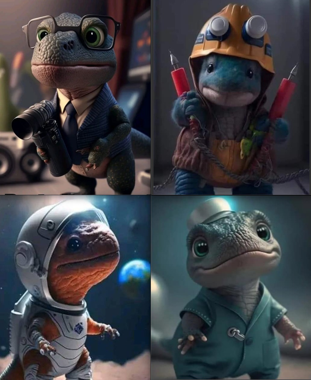 Astronasaurio, periodistasaurio, enfermerasauria, tecnicosaurio, son alguna de las dinoprofesiones.