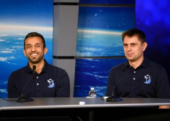 El astronauta árabe Sultan Al Neyadi, en la conferencia de prensa. Foto: AFP