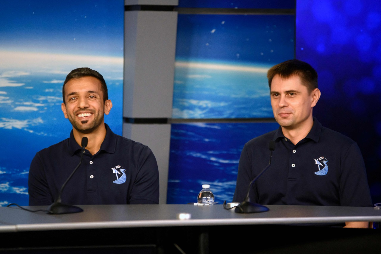 El astronauta árabe Sultan Al Neyadi, en la conferencia de prensa. Foto: AFP