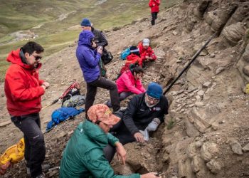 Imagen divulgada por el Instituto Antártico Chileno (INACH) de científicos trabajando en Cerro Guido, en el valle del río Las Chinas, un área despoblada cerca de la frontera con Argentina, unos 2.800 km al sur de Santiago, en febrero de 2020. Foto: AFP.