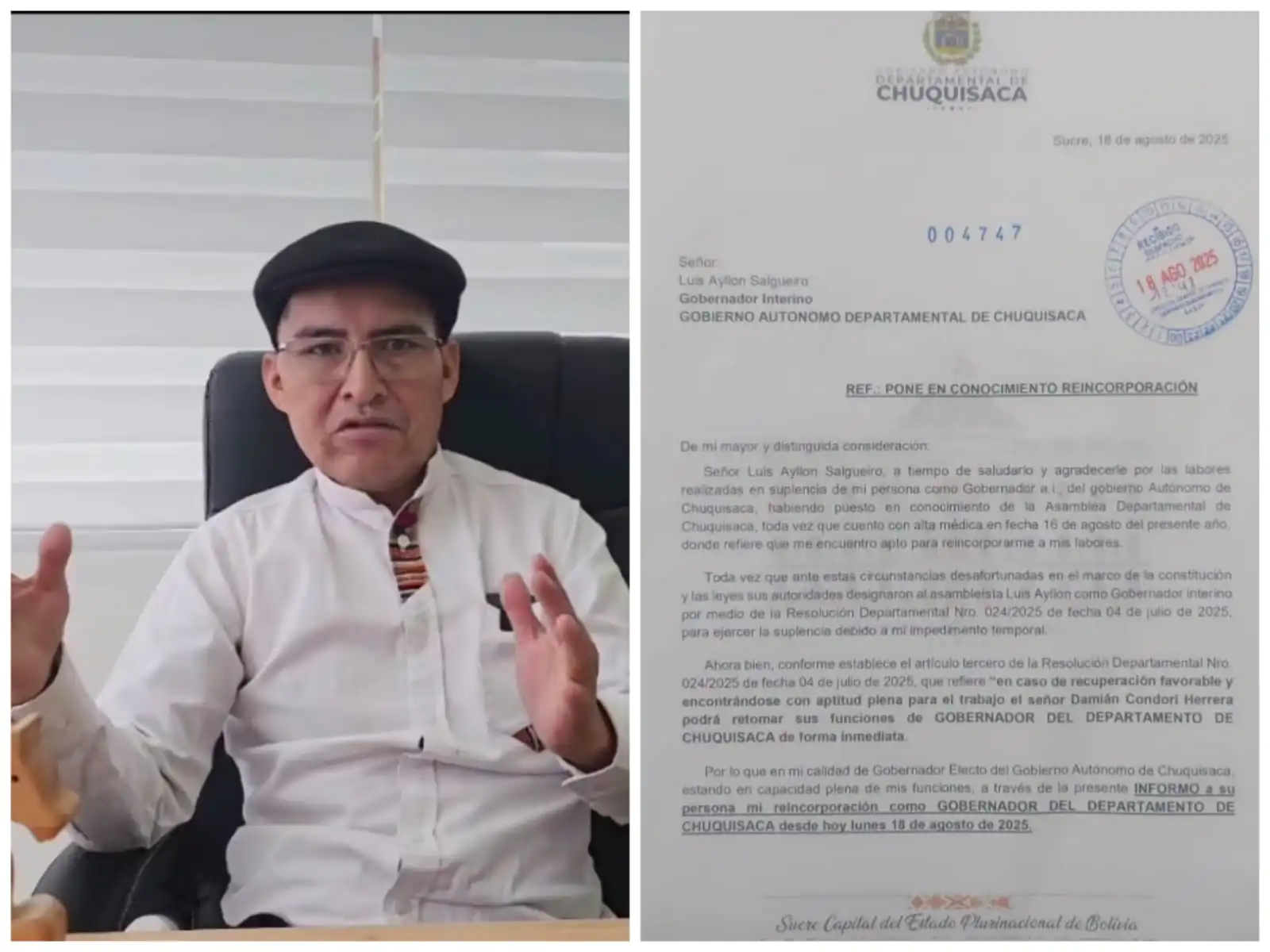 El gobernador de Chuquisaca, Damián Condori, envió una carta al gobernador interino para anunciar su reincorporación. FOTO: RRSS