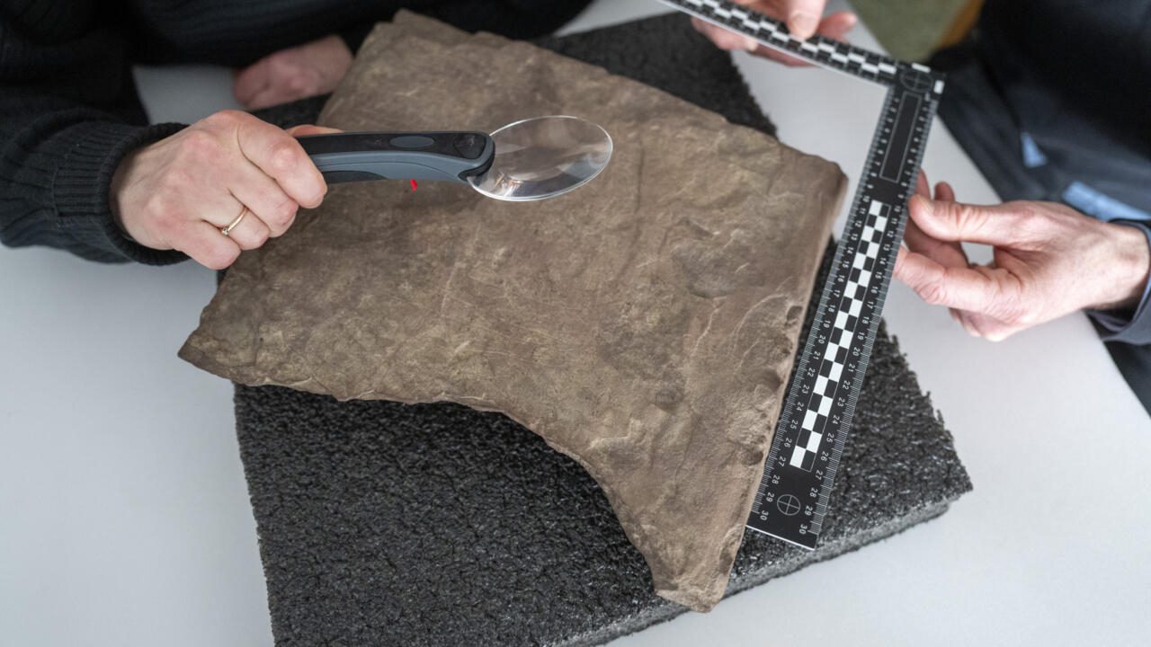 Un arqueólogo examina la piedra rúnica más antigua del mundo, el 17 de enero de 2023 en Oslo. Foto: AFP.