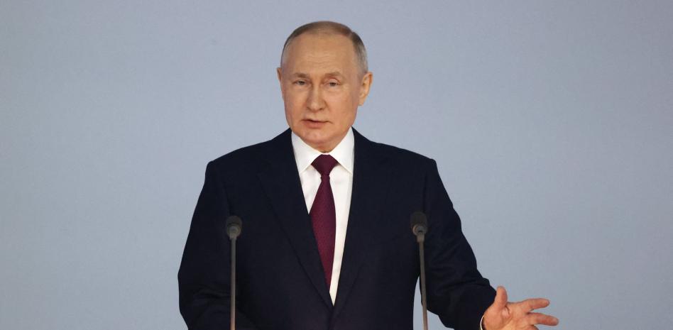 El presidente de Rusia, Vladímir Putin, durante su discurso sobre el estado de la nación, el 21 de febrero de 2023. Foto: AFP.
