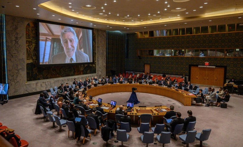Roger Waters, en un video ante el Consejo de Seguridad de la ONU. Foto: AFP