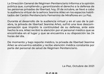 Áñez dice que el Gobierno ‘busca su muerte’ y revela que se le diagnosticó ‘anorexia nerviosa’
