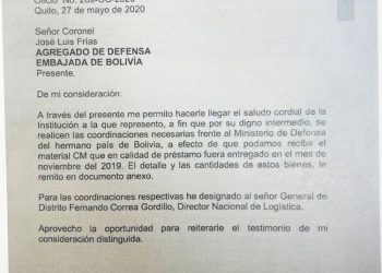Carta da cuenta que Ecuador ‘prestó’ a Bolivia más de 8.000 unidades de armamento no letal en 2019
