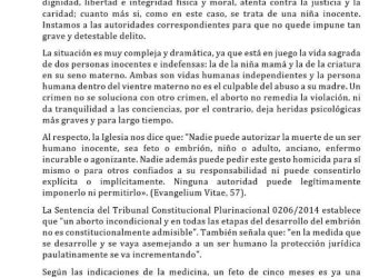 La Iglesia llama ‘niña madre’ a una menor violada y dice que un crimen no soluciona otro crimen