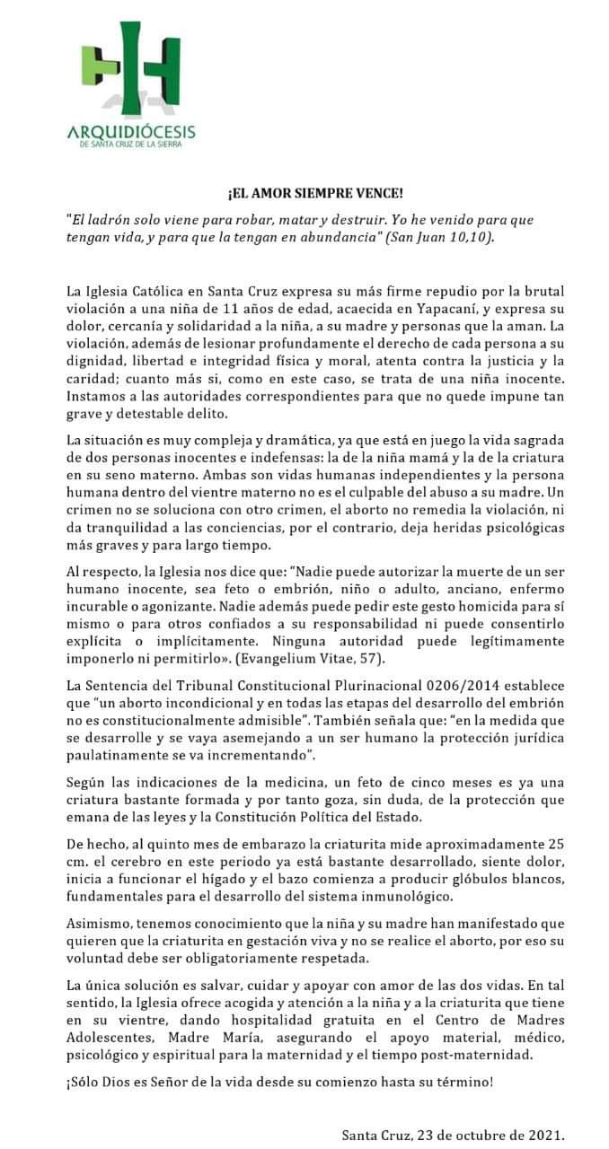 La Iglesia llama ‘niña madre’ a una menor violada y dice que un crimen no soluciona otro crimen