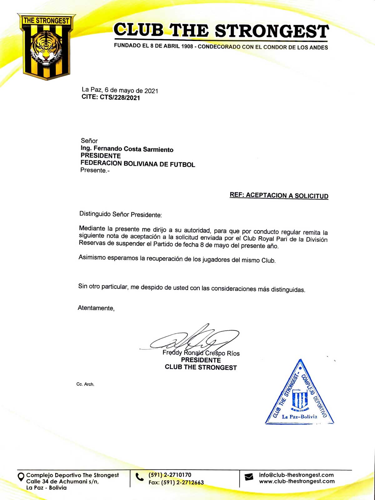 El partido The Strongest-Royal Pari se confirma para este sábado