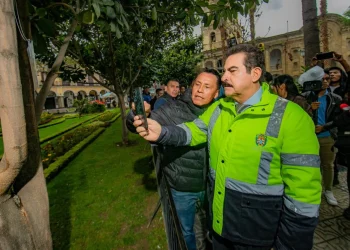 El alcalde de Cochabamba, Manfred Reyes Villa, escanea el código QR instalado en un árbol. FOTO: GAMC
