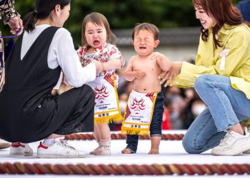 Según las creencia, el ritual "sumo llorón" brinda buena salud a los niños. Foto: AFP